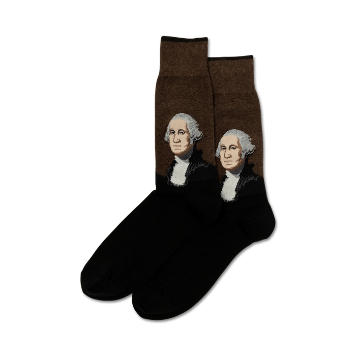 Pair of black crew socks with brown panels featuring portraits of George Washington. A fun, historical design. }}