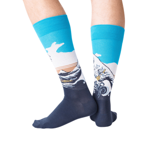 Flatlay photo of a pair of Hokusai's Great Wave socks, emphasizing the detailed design and color.