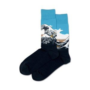 Pair of crew socks showcasing Hokusai's Great Wave.  Teal, white, and dark blue color palette with detailed wave design.