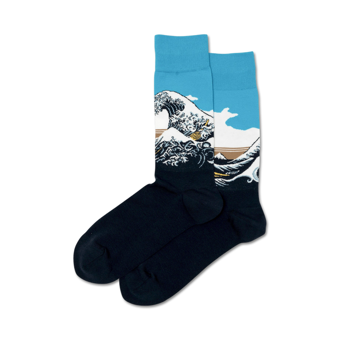 Pair of crew socks showcasing Hokusai's Great Wave.  Teal, white, and dark blue color palette with detailed wave design.