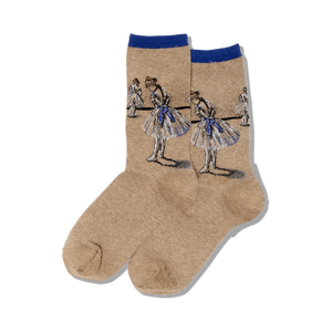 Pair of beige crew socks featuring a detailed image of Edgar Degas' painting 'Study of a Dancer'. The socks have a blue and pink top band respectively.