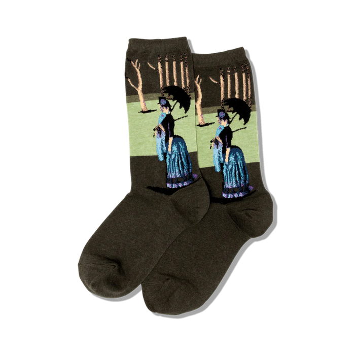 dark green crew socks with a pattern of women in long dresses and bonnets from the painting 
