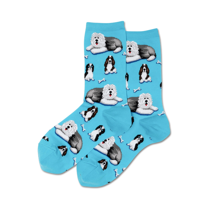 canine-themed crew socks in blue, featuring white and gray dogs with black noses, red tongues and white bones.  