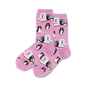 pink crew socks featuring black and white old english sheepdog and bone pattern.   
