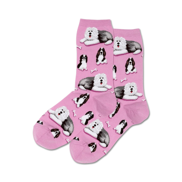 pink crew socks featuring black and white old english sheepdog and bone pattern.   