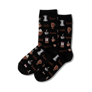 Pair of black crew socks with a whimsical coffee-themed pattern.  Features various coffee drinks and brewing methods in brown and cream.