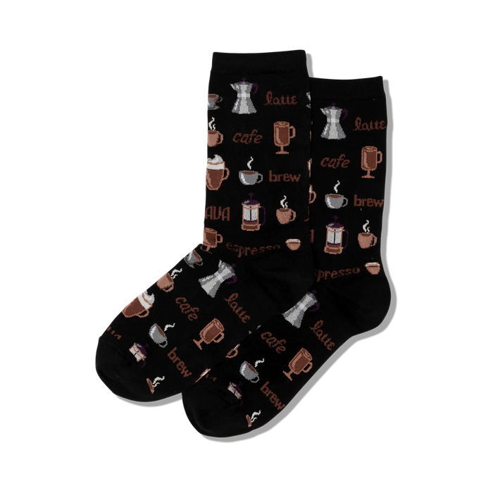 black crew socks with a pattern of coffee cups, coffee beans, and coffee makers.   