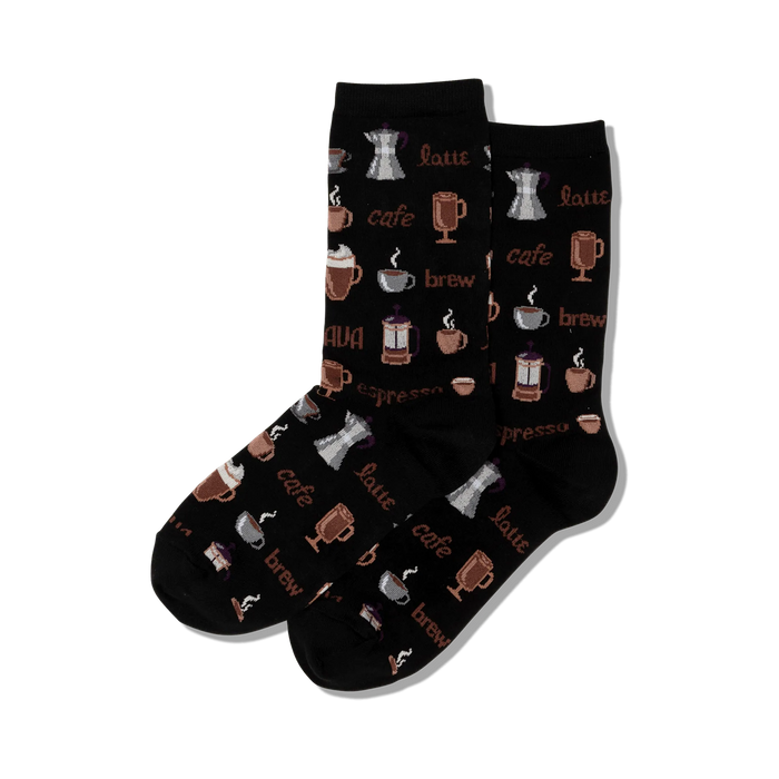Pair of black crew socks with a whimsical coffee-themed pattern.  Features various coffee drinks and brewing methods in brown and cream.