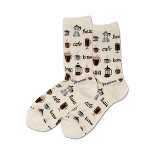 white, mid-calf socks with coffee cup, bean, and maker patterns.  