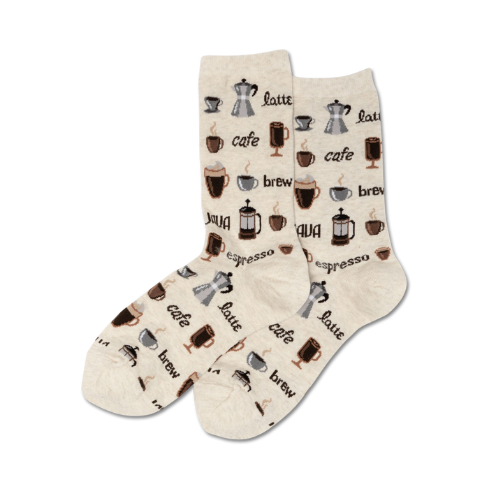 Lifestyle product shot of beige coffee socks on a white background.
