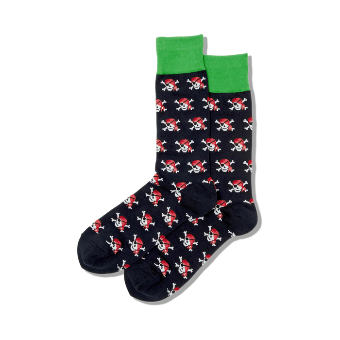 Pair of navy blue crew socks with a repeating pattern of red pirate skulls and crossbones. Green top trim.