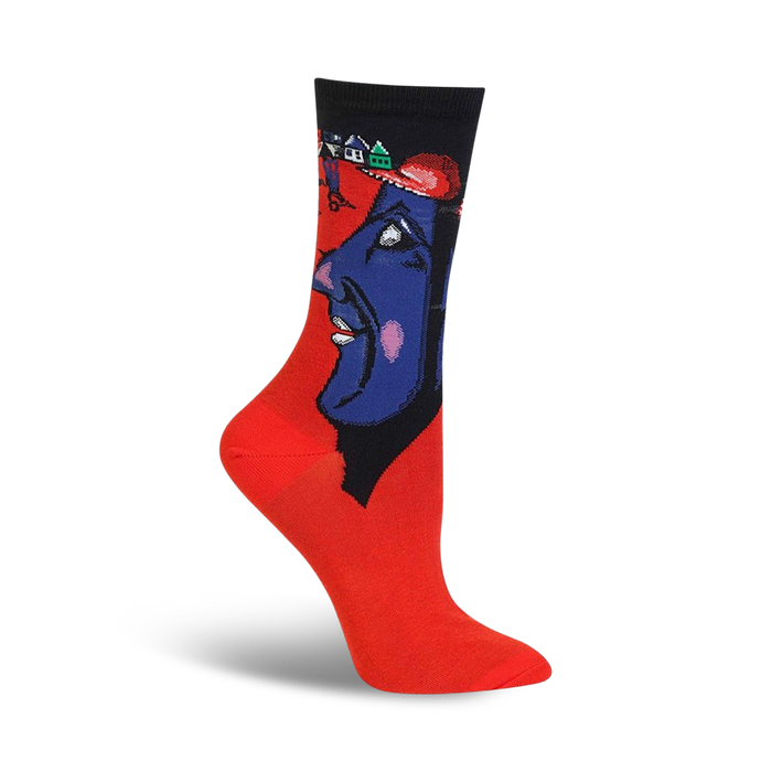 women's crew socks featuring portrait of marc chagall in surreal village artwork.    }}