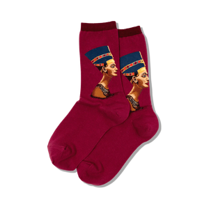 Pair of women's crew socks in burgundy and blue featuring a detailed portrait of Nefertiti.