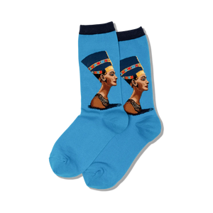 Lifestyle shot showing the blue Nefertiti socks on a person's feet.