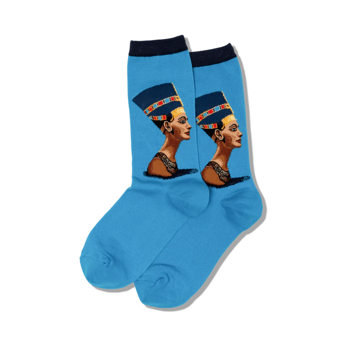 Lifestyle shot showing the blue Nefertiti socks on a person's feet.