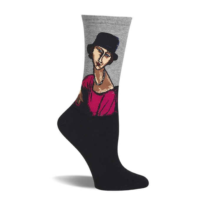Grey and black crew sock with Modigliani's Jeanne Hebuterne portrait, showing a woman in a hat, pink top, and pearl necklace. }}