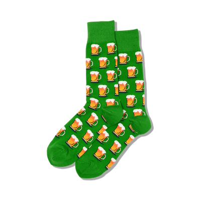 Pair of crew socks; green and yellow beer mugs on green background, or orange mugs on black background.