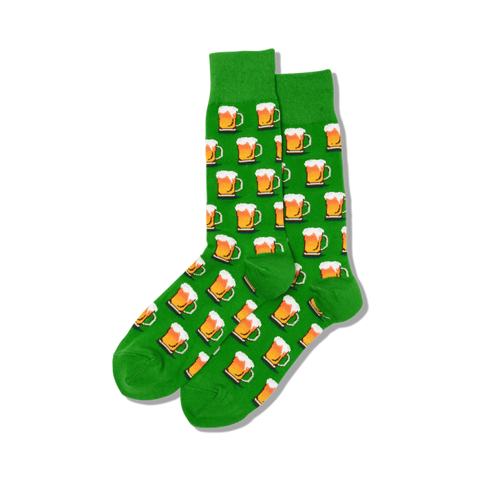 Pair of crew socks; green and yellow beer mugs on green background, or orange mugs on black background.