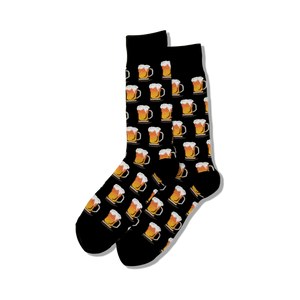 mens black crew socks with a brown beer mug pattern and white foam on top. beer mugs novelty socks.  