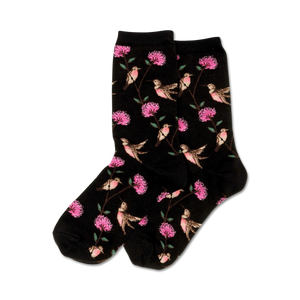 Pair of black crew socks with a whimsical pattern of pink flowers and hummingbirds.
