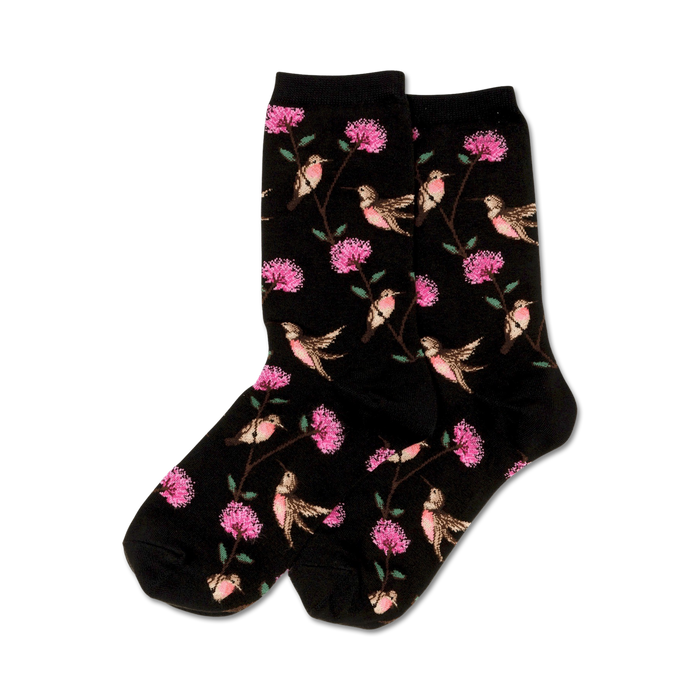 black crew socks with pink, green, white, and brown floral hummingbird pattern.   