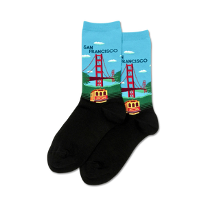 Close-up product shot showcasing the detail of the Golden Gate Bridge and cable car design on the socks.