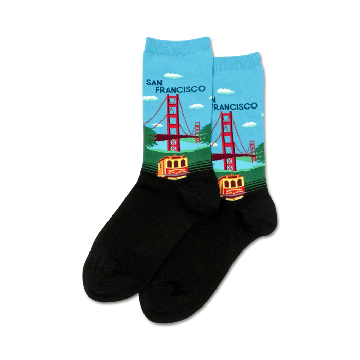 Close-up product shot showcasing the detail of the Golden Gate Bridge and cable car design on the socks.