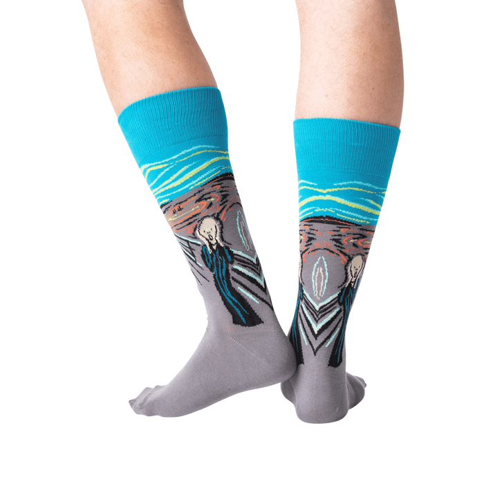 Close-up detail of the 'The Scream' artwork on the socks.