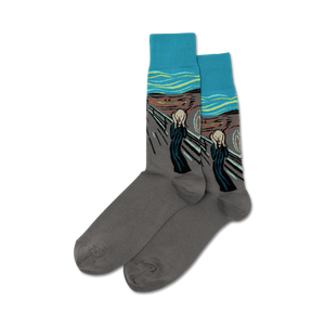 Lifestyle shot of model wearing teal 'The Scream' socks.