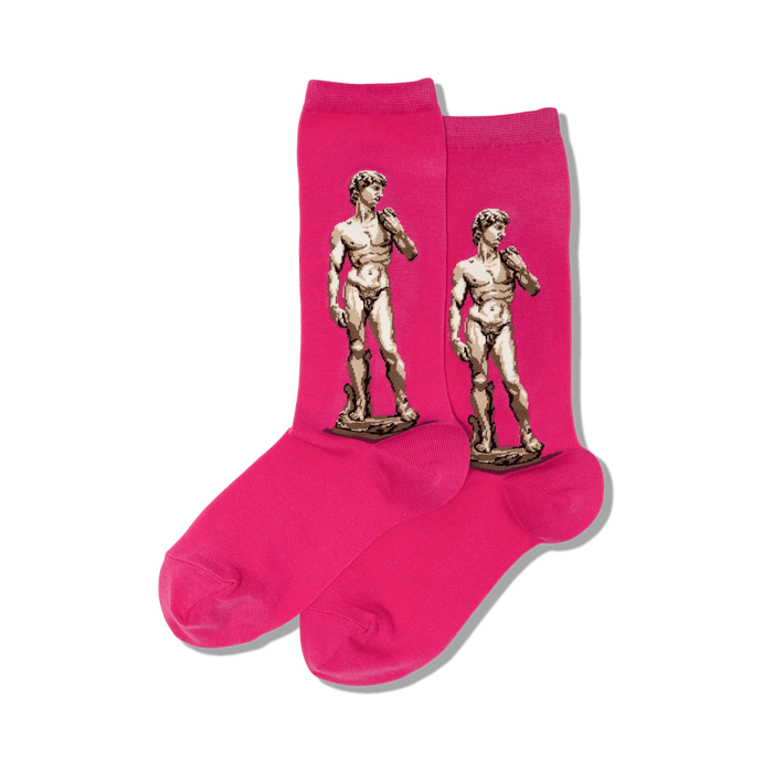 Pair of crew socks in bright pink, each showcasing a pixelated image of Michelangelo's David statue.