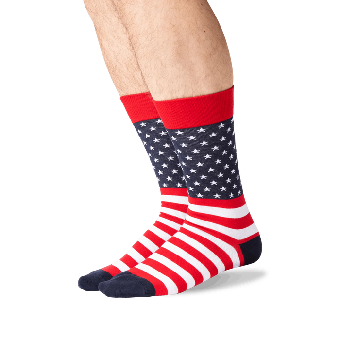 Lifestyle shot showing the American Flag socks on a person's legs. The socks are red, white and navy.