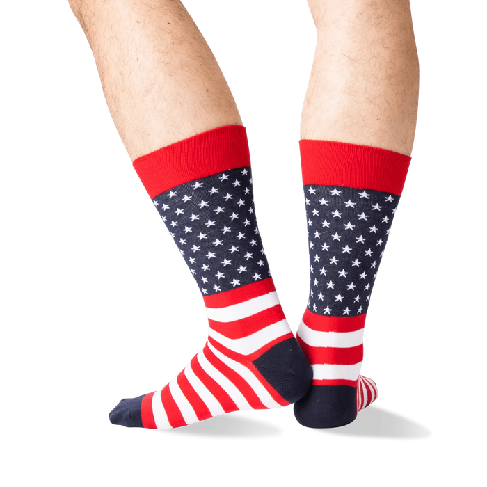 A pair of knee-high socks with a red, white, and blue American flag pattern.