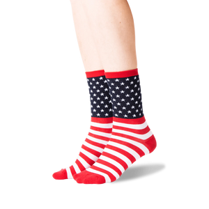A pair of red, white and blue socks with a star-spangled pattern on the leg portion and a striped pattern on the foot portion.