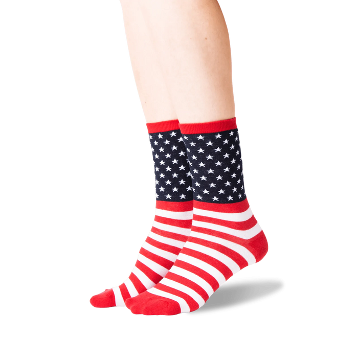 A pair of red, white and blue socks with a star-spangled pattern on the leg portion and a striped pattern on the foot portion.