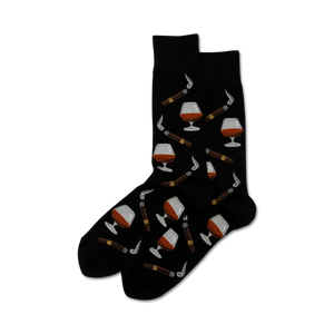 Pair of crew socks in black with a repeating pattern of cognac glasses and cigars.