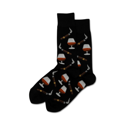 Pair of crew socks in black with a repeating pattern of cognac glasses and cigars.