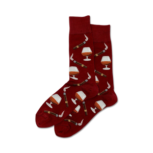 Pair of crew socks in burgundy with a repeating pattern of cognac glasses and cigars.