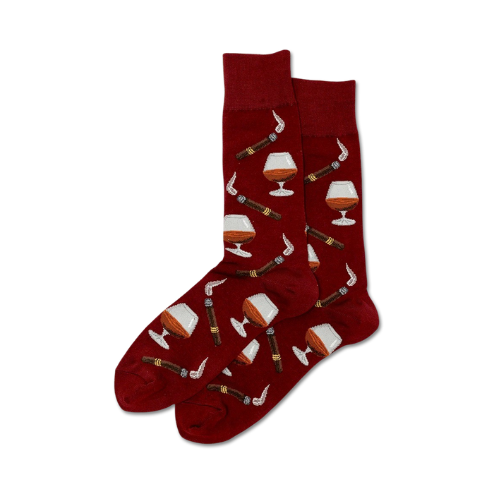 burgundy red crew socks with an all-over pattern of cognac glasses and cigars.   