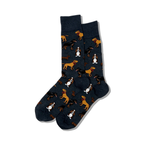 Pair of crew socks, dark grey, featuring a repeating pattern of various dog breeds in brown and tan.