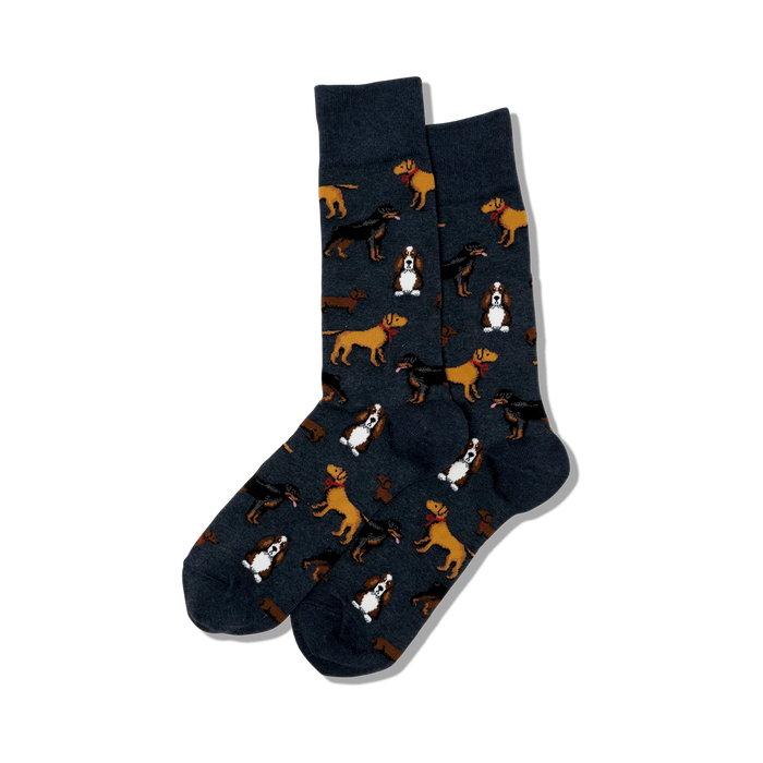 Pair of crew socks, dark grey, featuring a repeating pattern of various dog breeds in brown and tan.