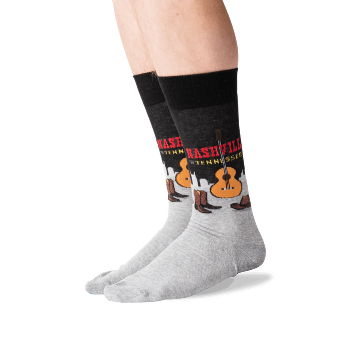 Lifestyle shot of a person wearing a pair of Nashville-themed socks.