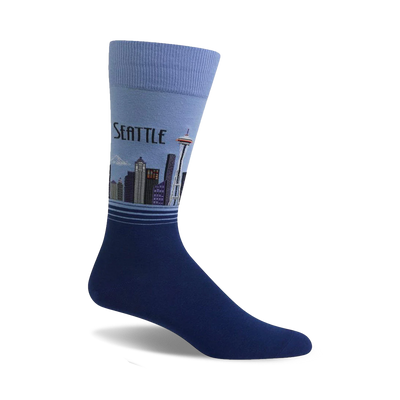 Crew socks in light and dark blue shades, featuring a Seattle skyline graphic including the Space Needle.