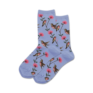 Product shot of light purple crew socks with hummingbirds and flowers.