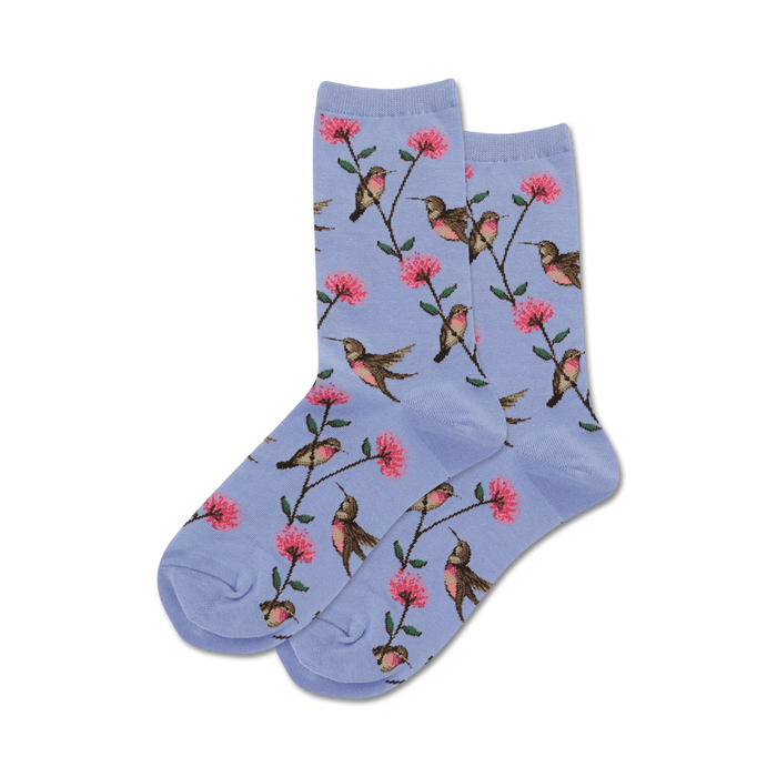 Product shot of light purple crew socks with hummingbirds and flowers.