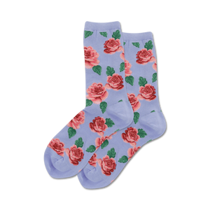 womens crew socks with repeating pink rose and green leaf pattern on lavender background.  