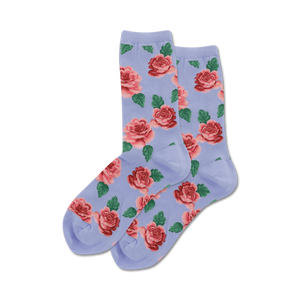 Lifestyle product shot showing the lavender rose print socks on a model's feet.