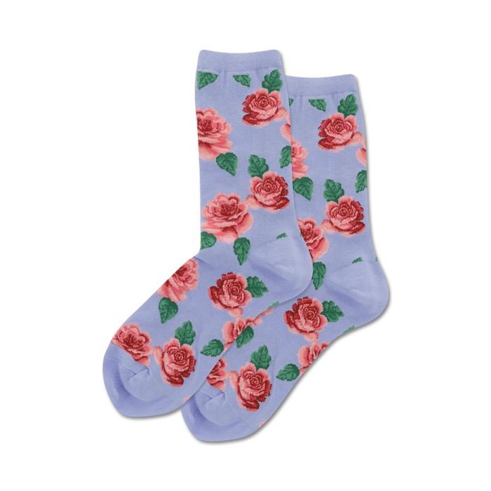 womens crew socks with repeating pink rose and green leaf pattern on lavender background.  