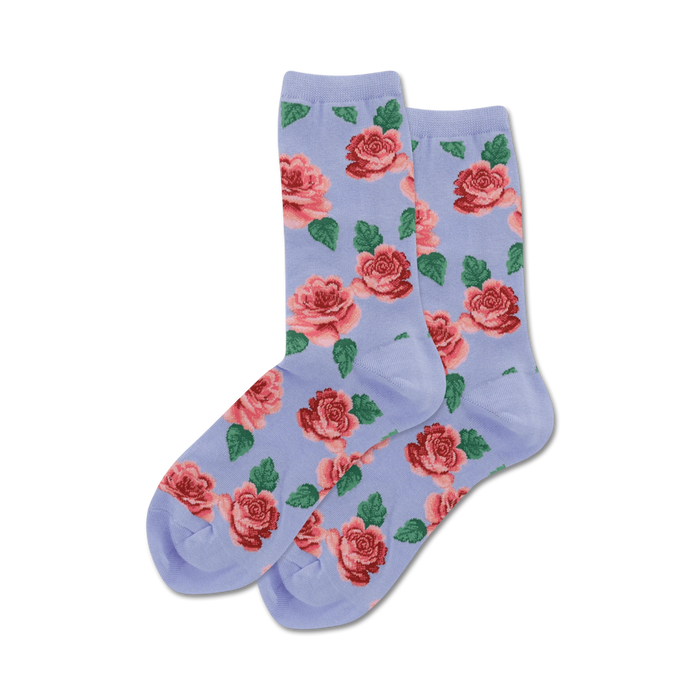Lifestyle product shot showing the lavender rose print socks on a model's feet.
