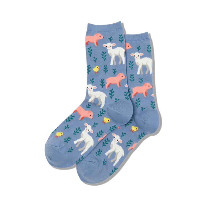 crew length women's socks featuring pink pigs, white lambs, and yellow chicks wearing green wreaths.   }}