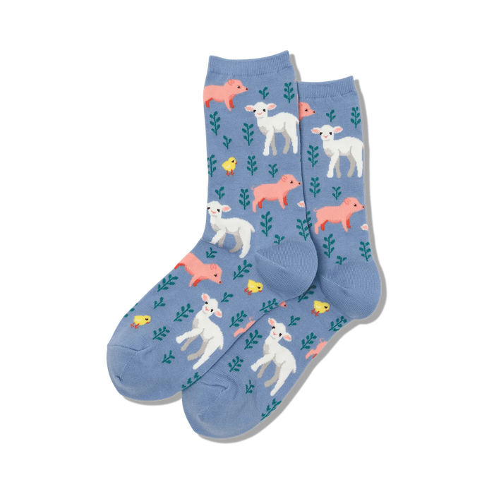 Pair of blue crew socks featuring a pattern of lambs, piglets, and chicks on a leafy background. }}